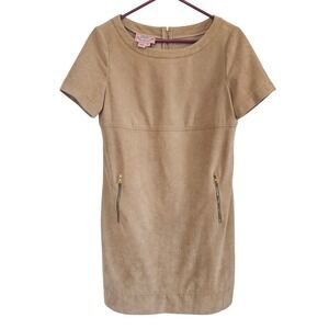 Phoebe Couture Tan Faux Suede Shift Dress Short Sleeve Gold Zip Pockets Size 10